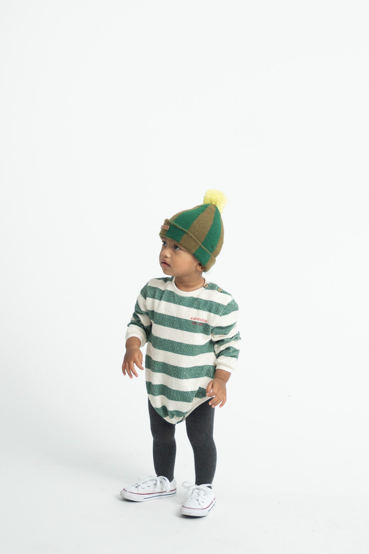 Piupiuchick Baby Ecru & Green Striped Baby Long-Sleeve Romper