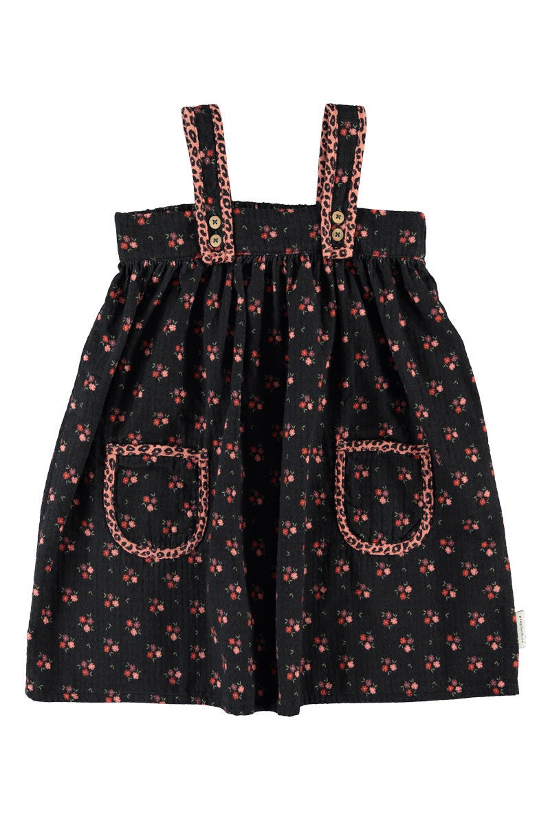 Piupiuchick Girls Black Floral Button-Strap Knee-Length Dress