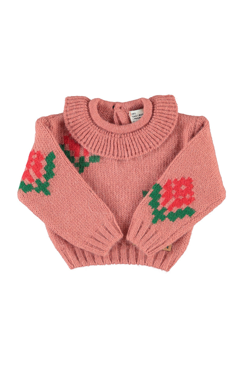Piupiuchick Girls Pink Jacquard Flower Collared Sweater