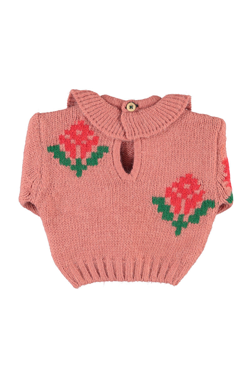 Piupiuchick Girls Pink Jacquard Flower Collared Sweater