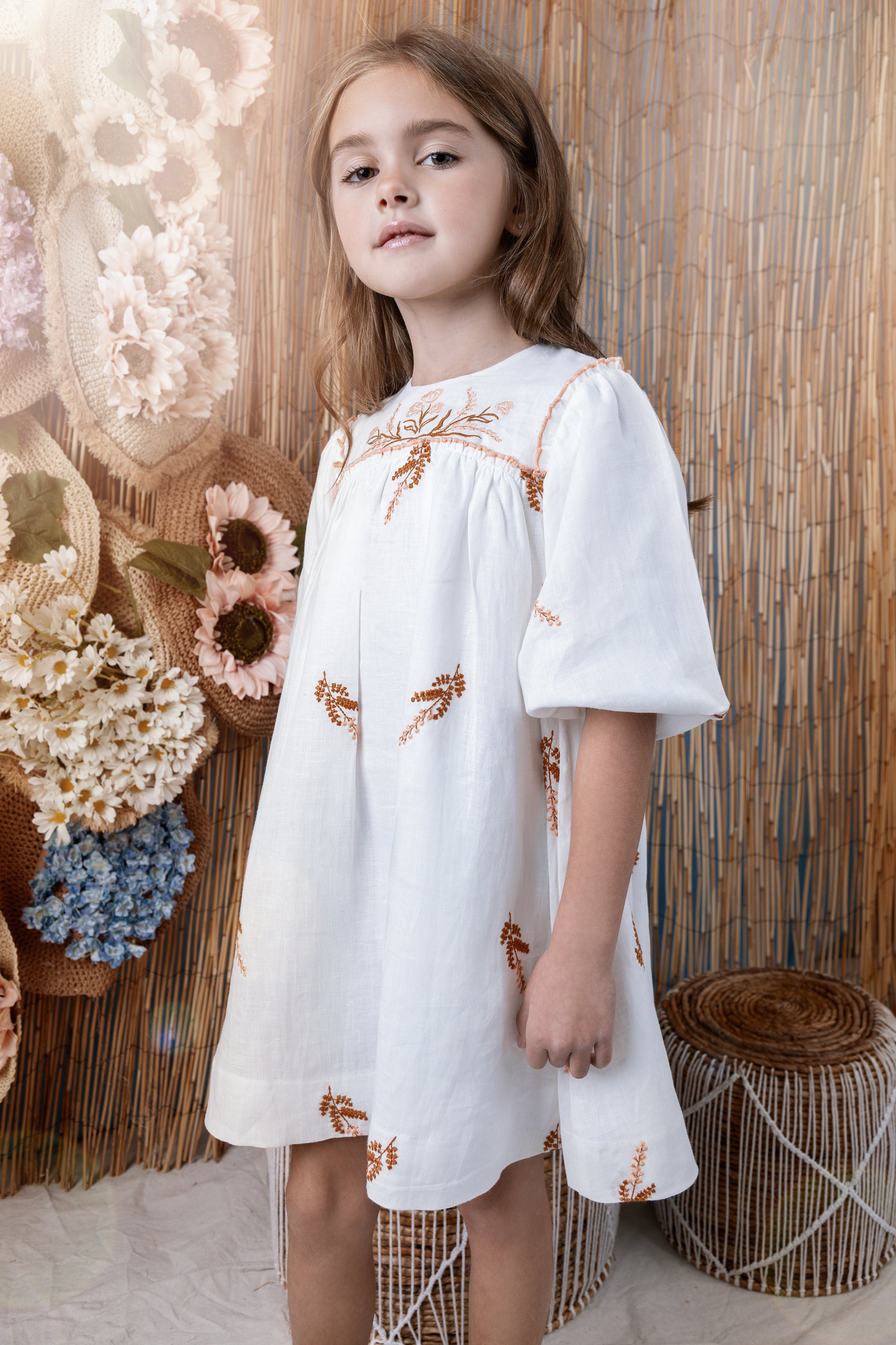 Noma Peach Embroidered Bubble Sleeve Dress