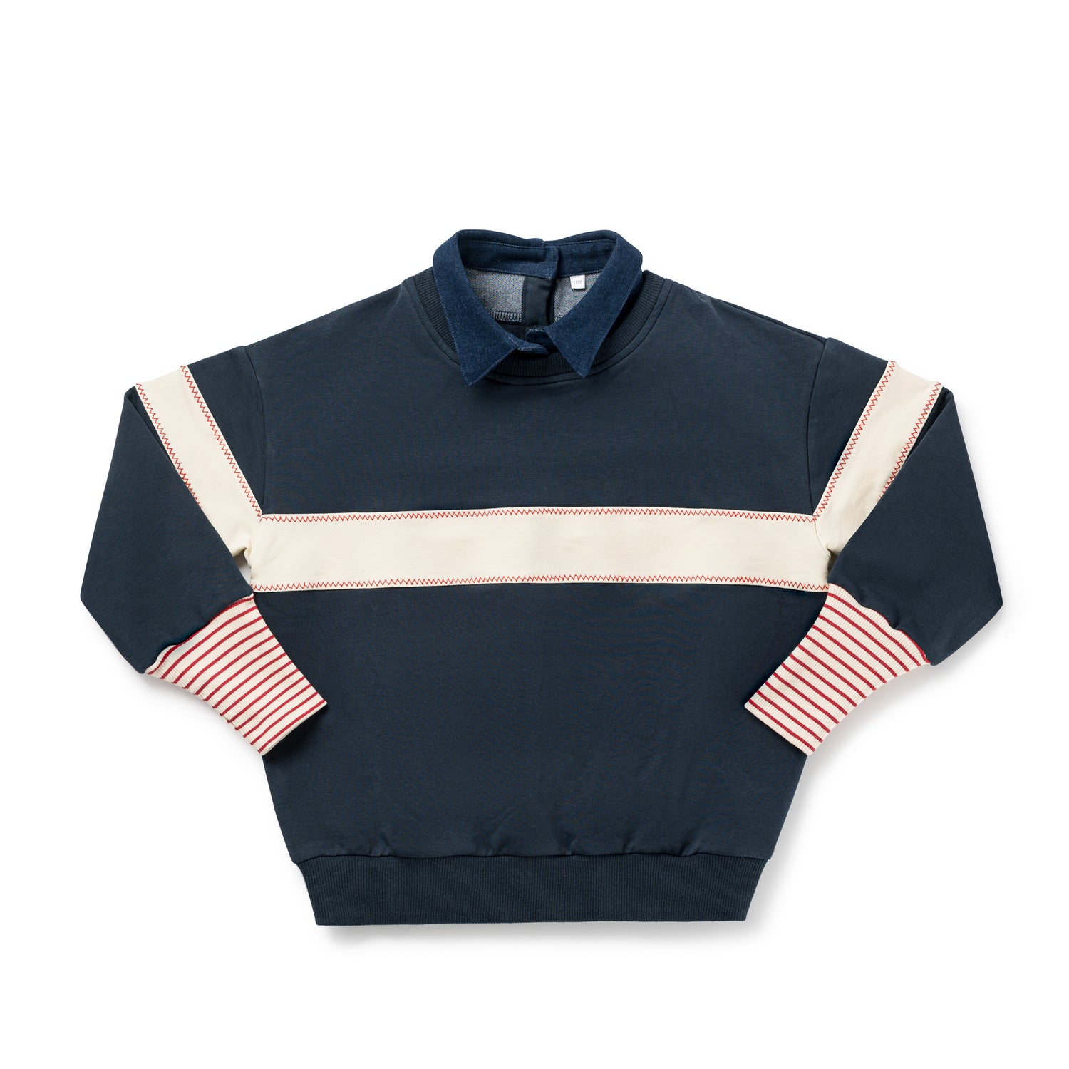 Birnham on the Sea Girls Navy and Cream Ribbed Sleeve Collar Sweatshirt