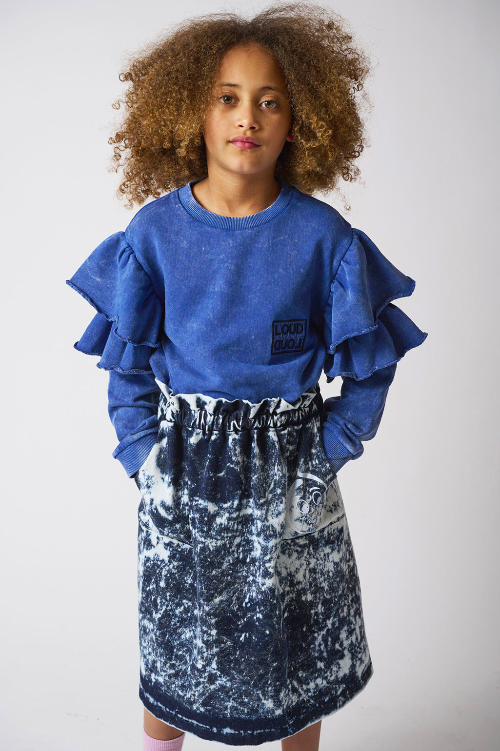 Loud Apparel Washed Blue Ruffle Sleeve Flower Sweatshirt