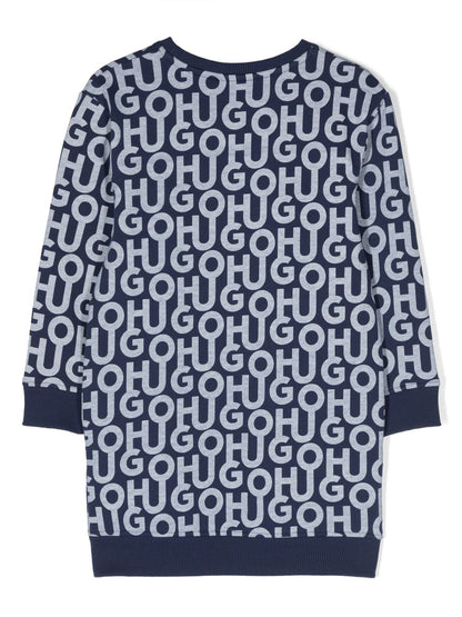 Hugo Navy Allover Logo Print Sweater Dress