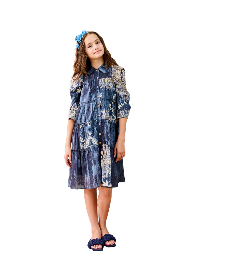 Porter Blue Tiered with Beige Print Design Dress