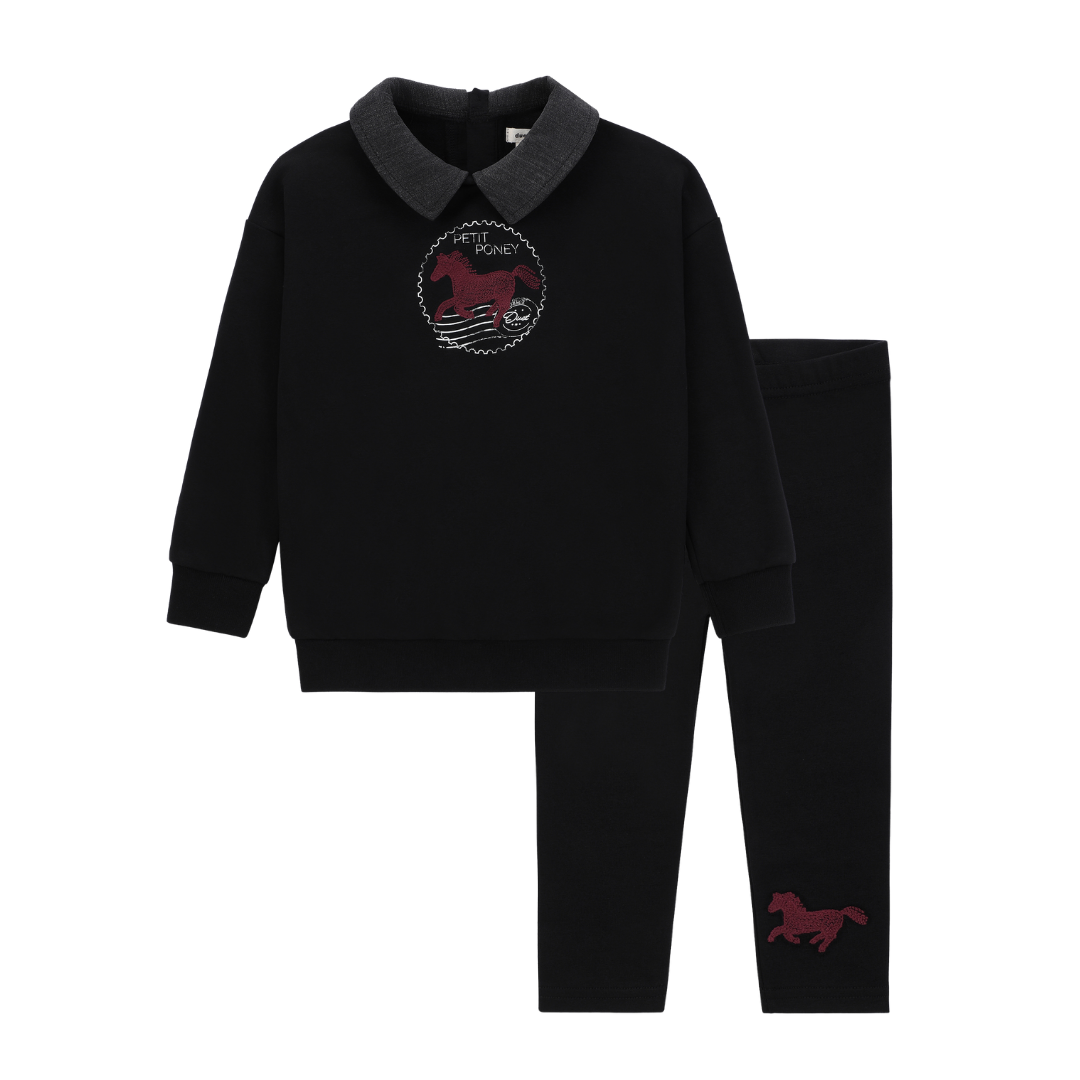 Duet Boys Black/Pink Horse Front Emblem Sweatshirt Set with Collar