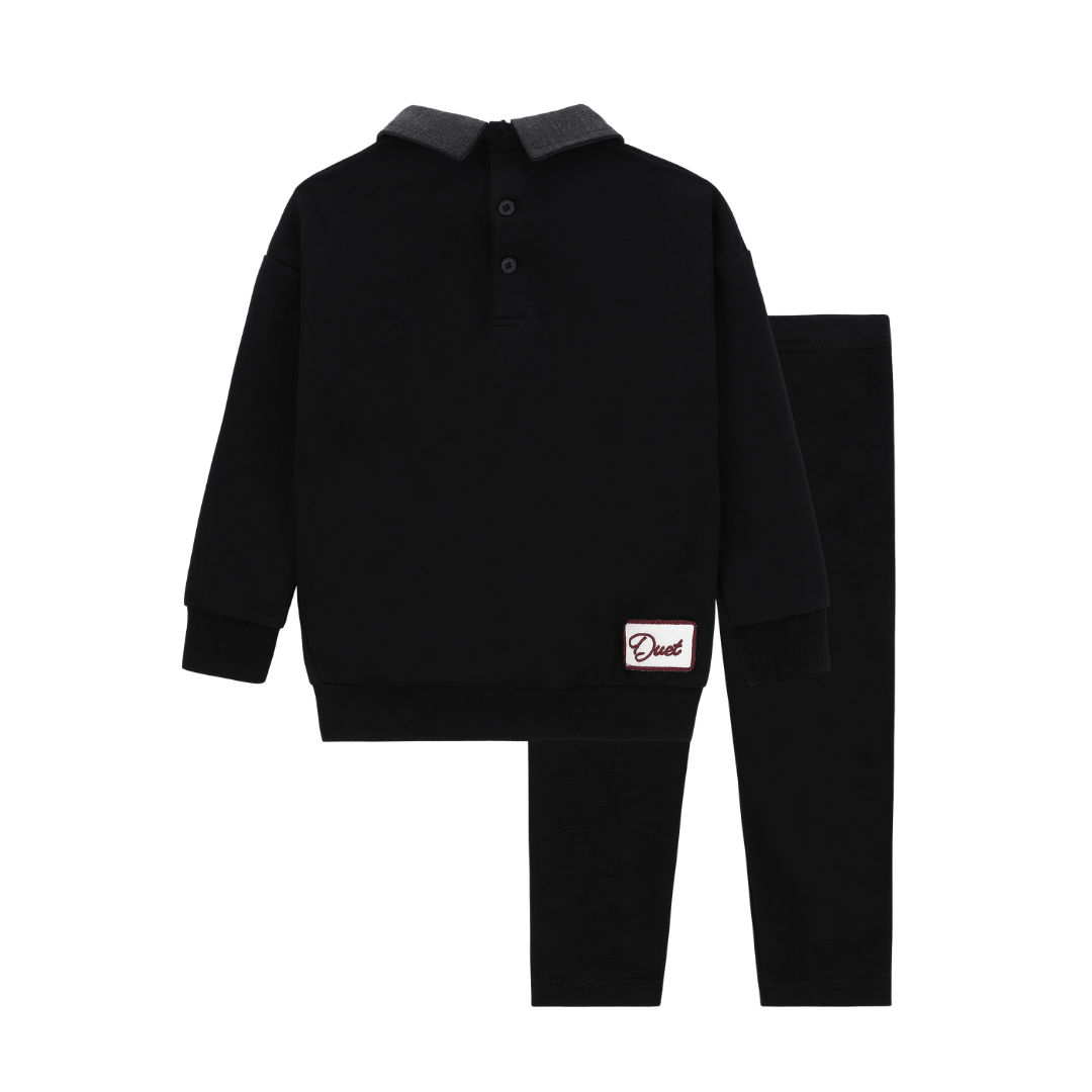 Duet Boys Black/Pink Horse Front Emblem Sweatshirt Set with Collar