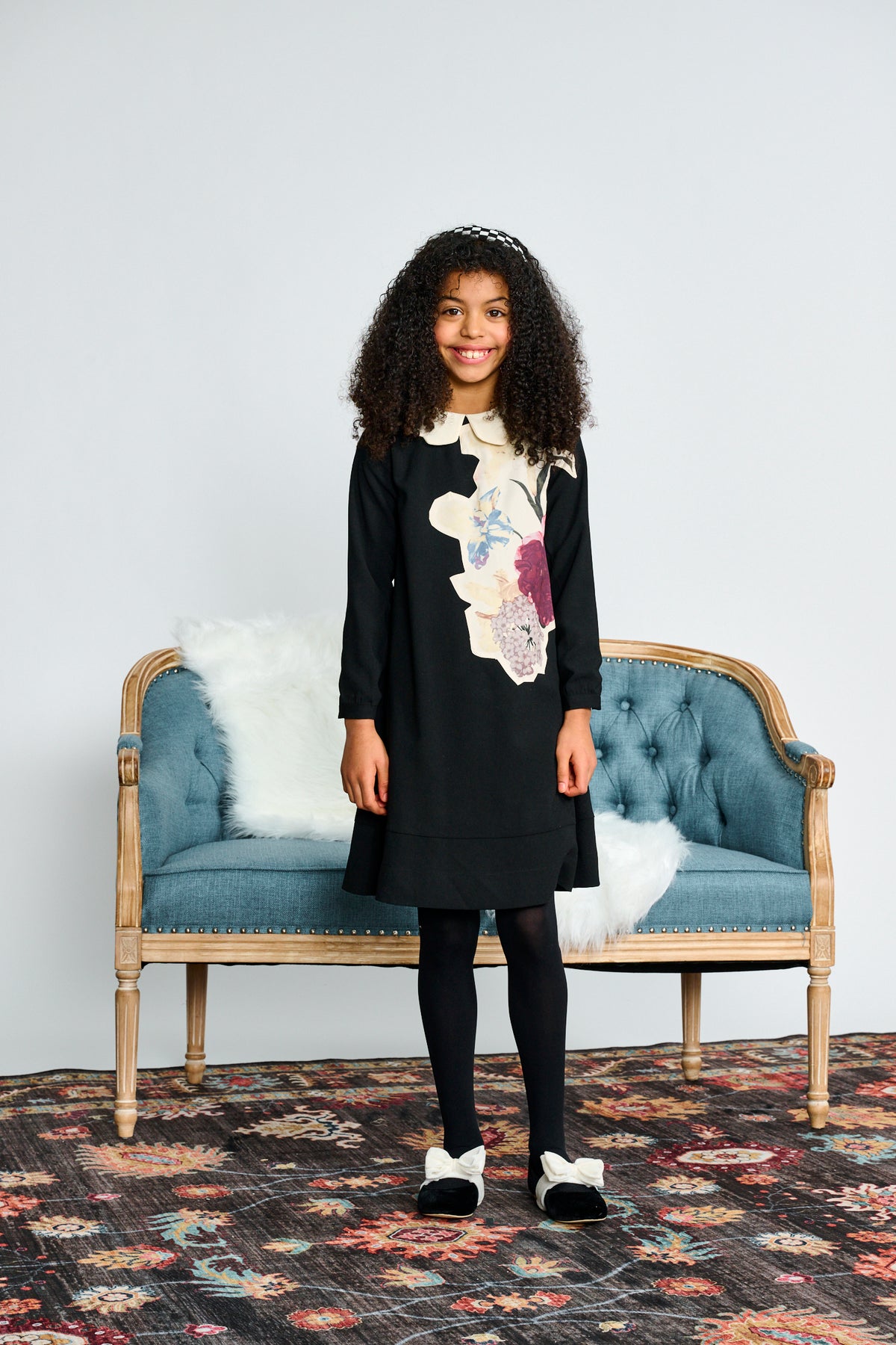 Porter Girls Black Crepe W/ Ivory Collar And Patch Print Dress