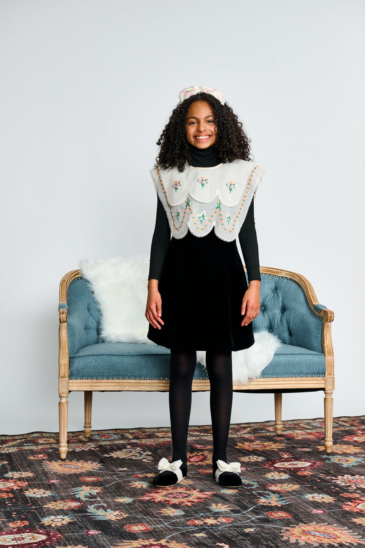 Porter Black Velvet W/ Large Sheer Embroidered Bib Jumper