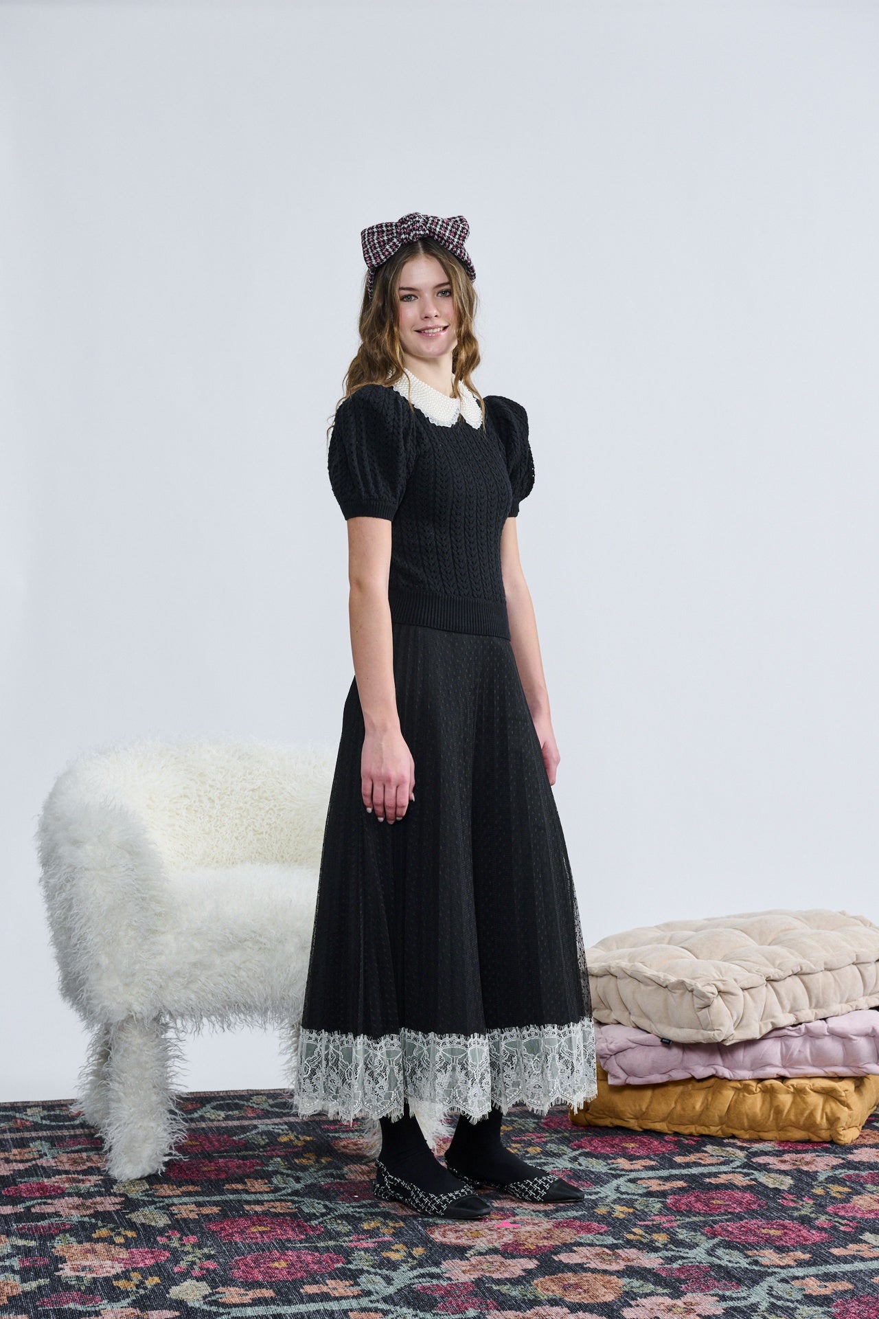 Laurent Black Cable Knit With Pearl Beaded Collar Top