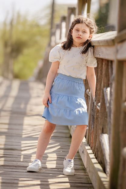 Duet White Blue Denim Tiered Skirt
