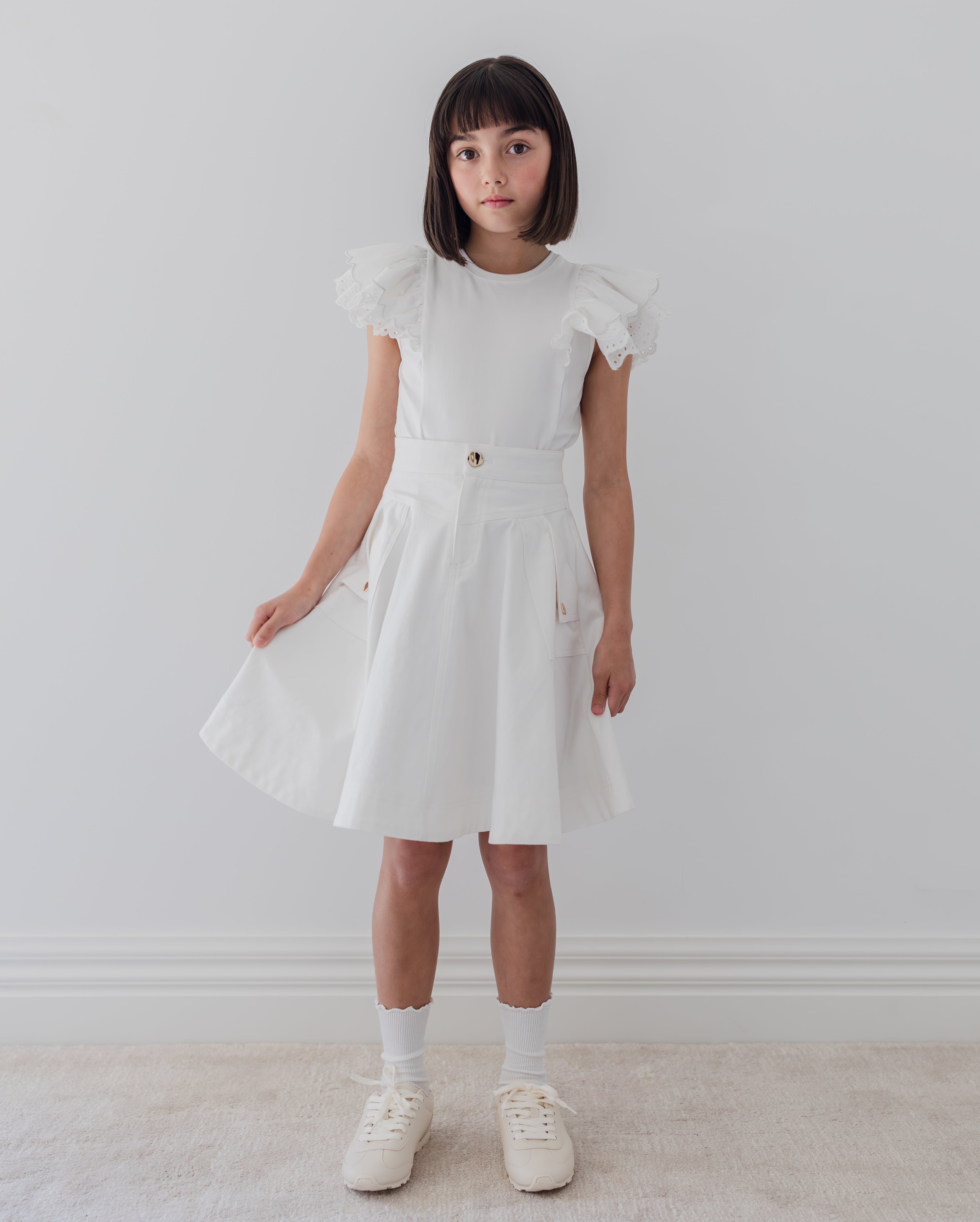 FREY フレイ DOUBLE POCKET SKIRT ホワイト Steph White Wash Fold Back Pocket Denim Skirt – Once Child and Teen