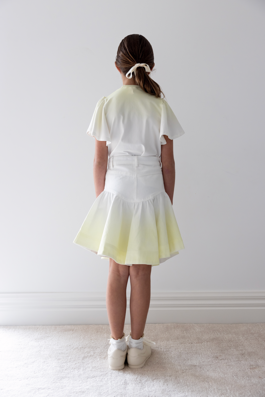 Steph Yellow Tie Dye Fluted Hem Denim Skirt