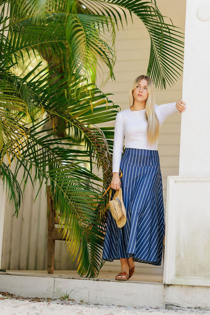 Eleve Blue Pinstripe A-Line Maxi Skirt