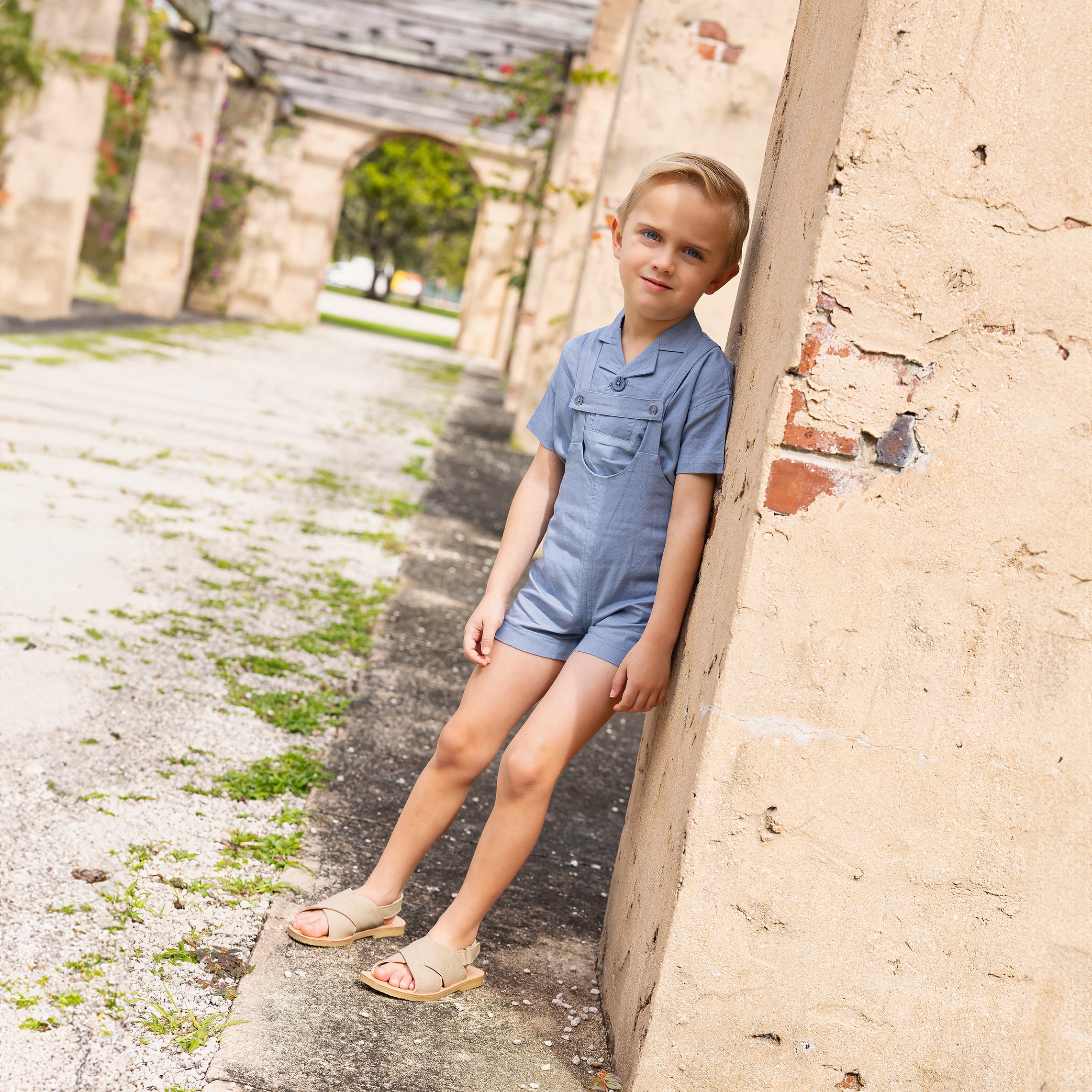 Pompomme Powder Blue Linen Overalls