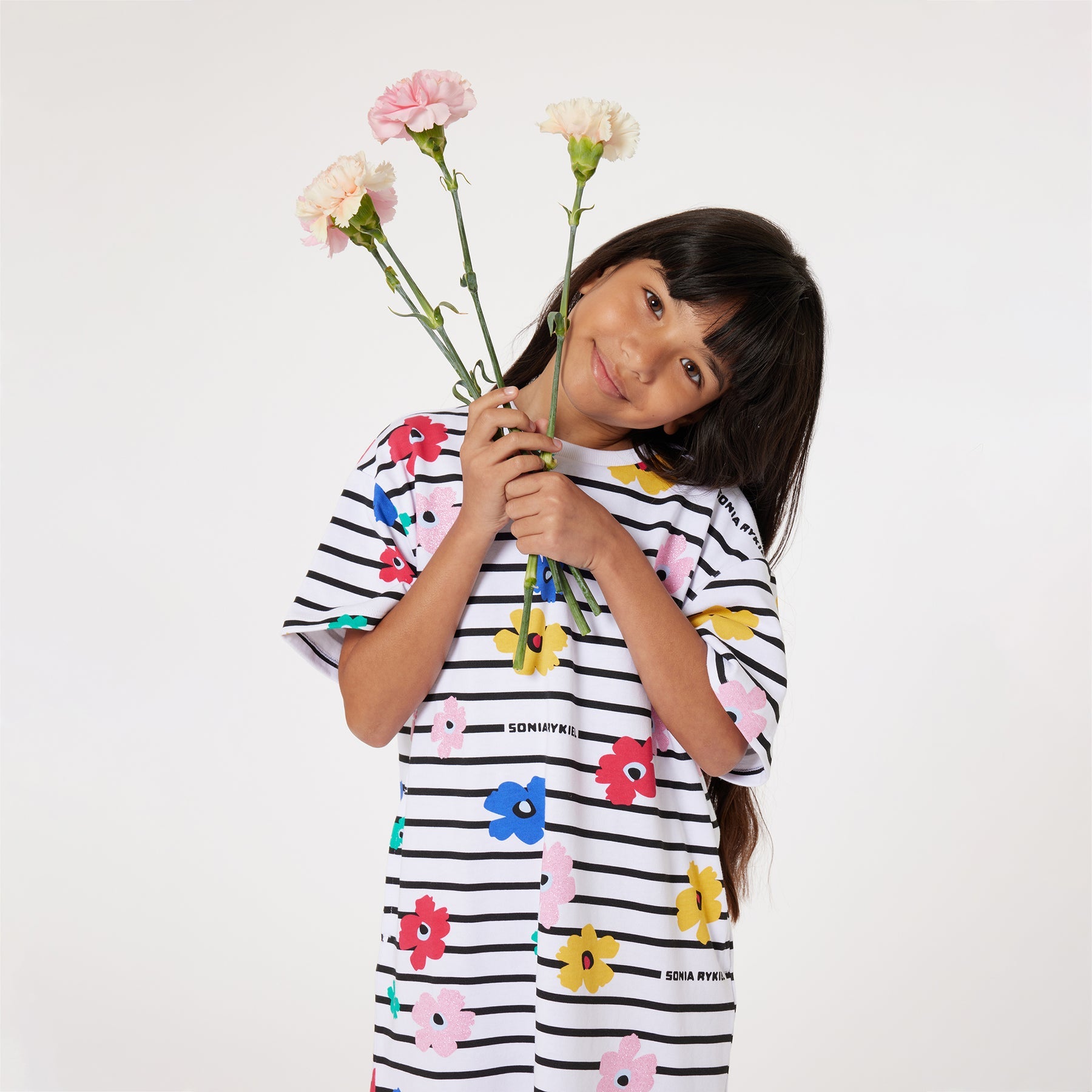 Sonia Rykiel White Striped and Flower Print Dress