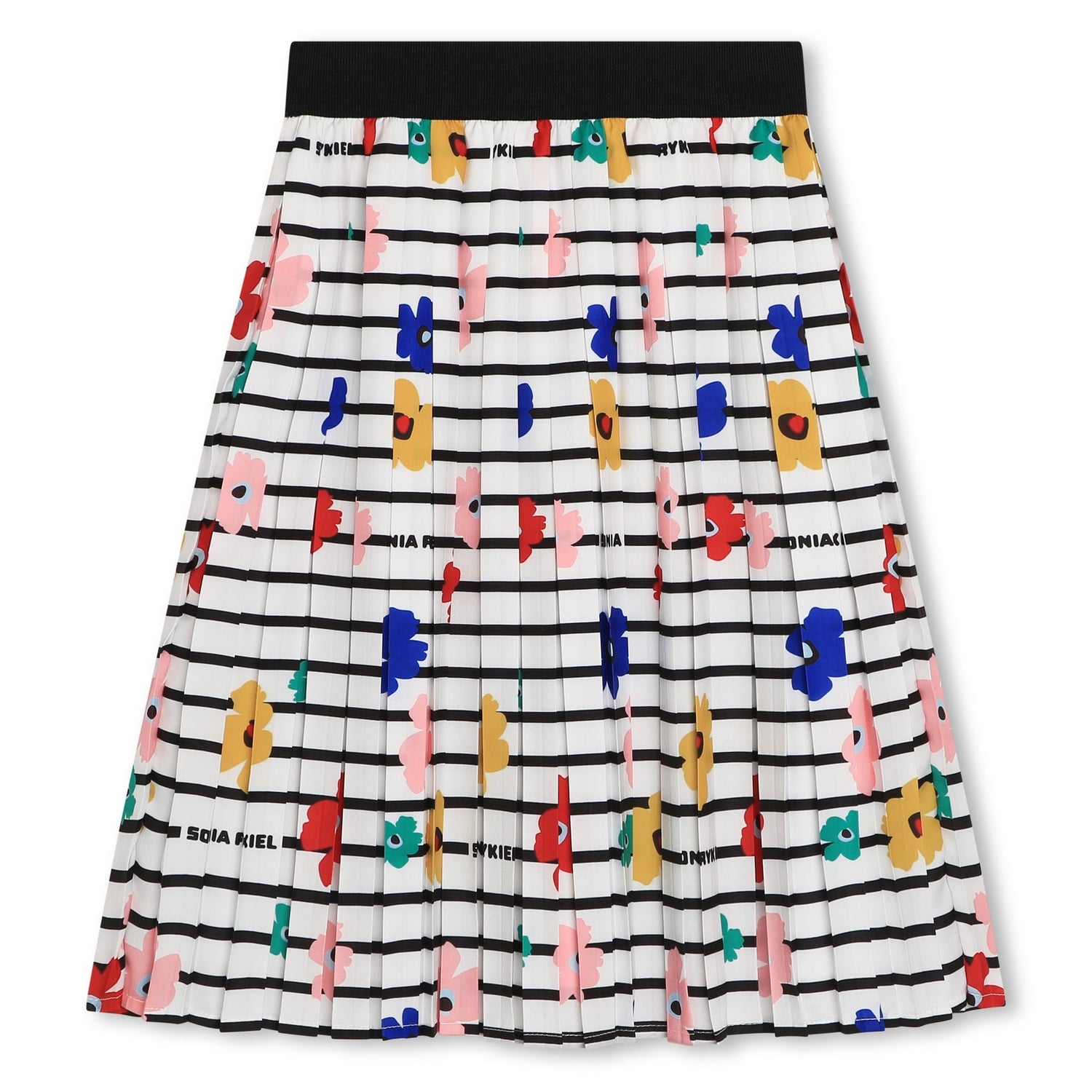 Sonia Rykiel White Striped and Flower Print Pleated Skirt