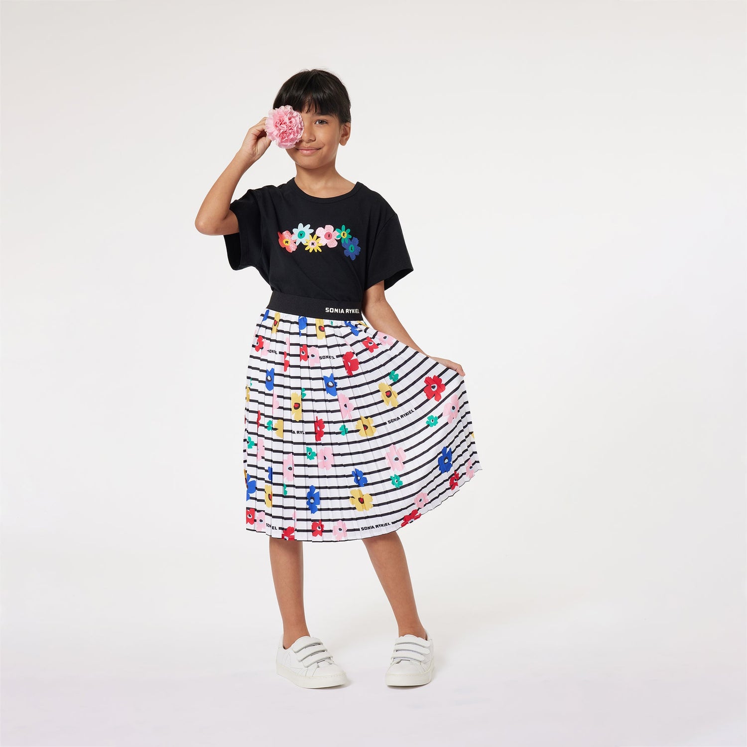 Sonia Rykiel White Striped and Flower Print Pleated Skirt