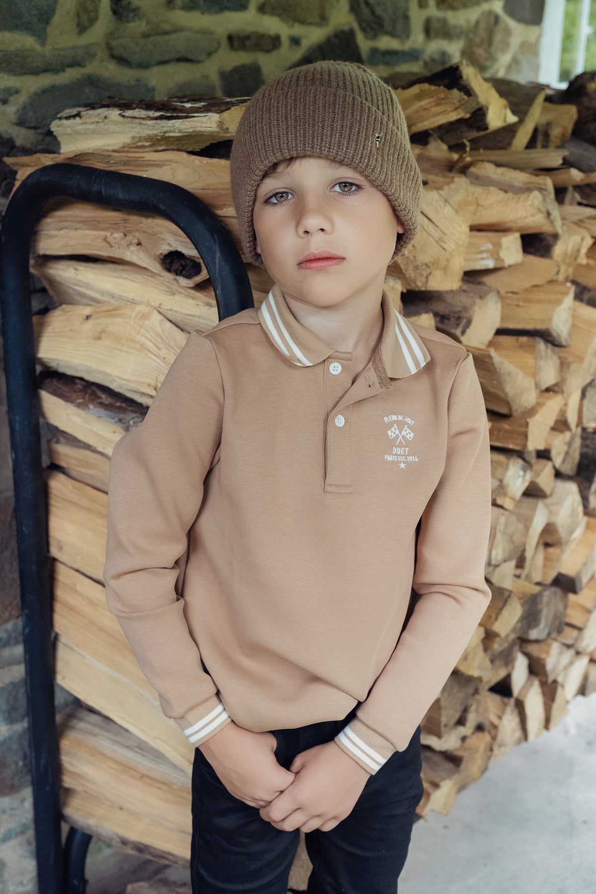 Duet Boys Cognac Collared Sweatshirt with Tan/White Ribbed Stitching
