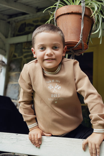Duet Boys Cognac Front Emblem Sweatshirt with Tan &amp; White Stitching