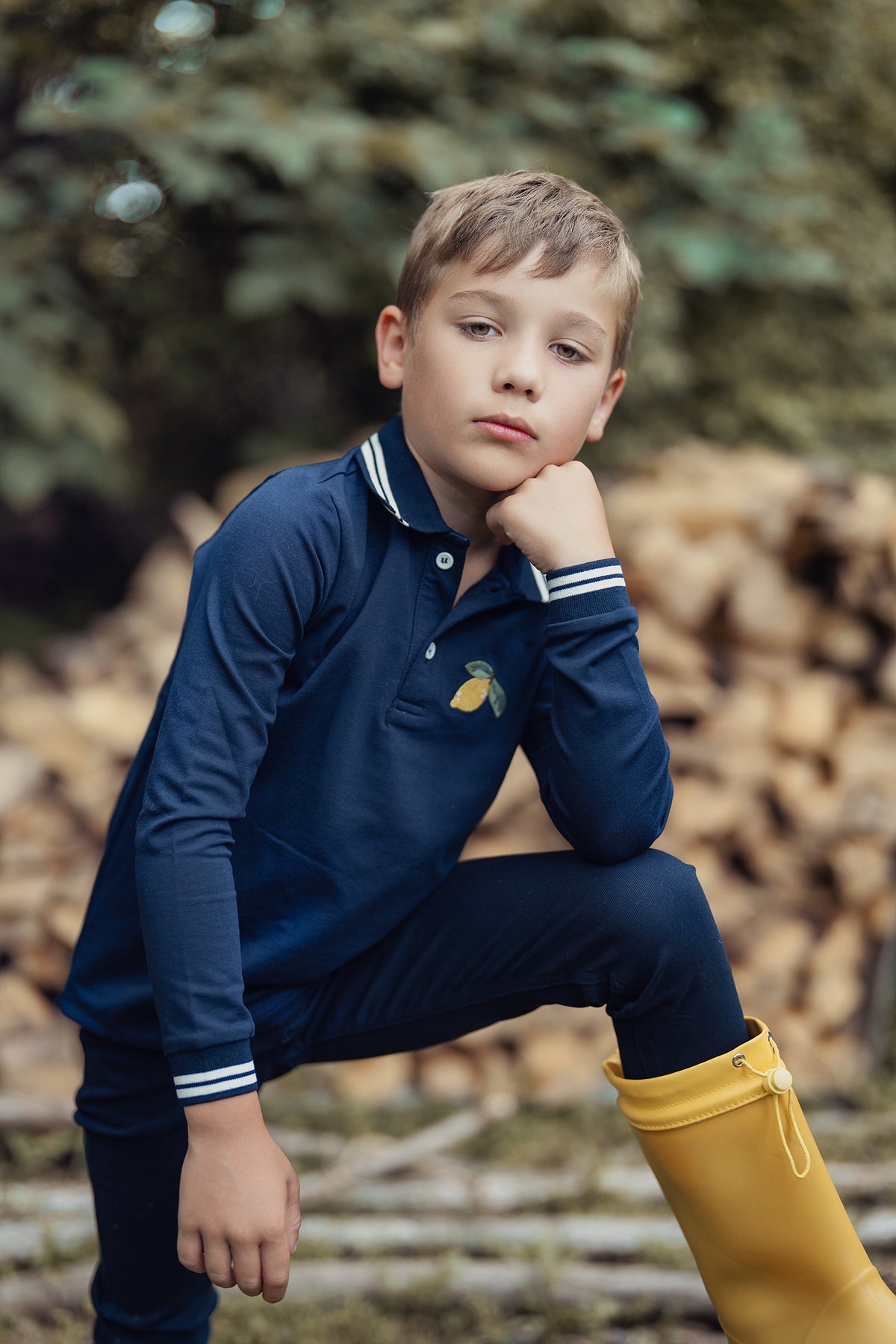 Duet Boys Denim Cherry Collared Polo with Navy/White Ribbed Stitching