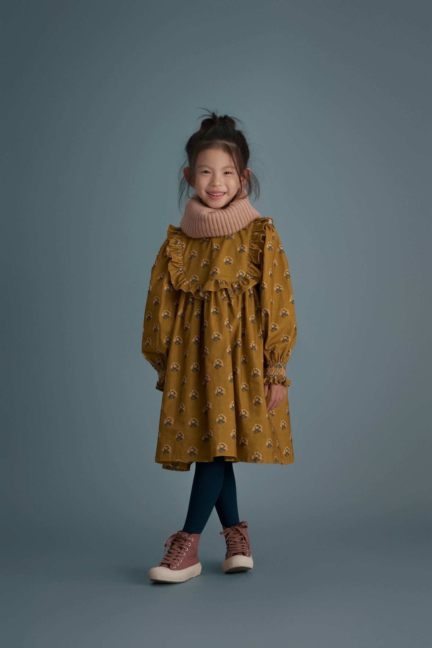 Cera Una Volta Mustard Flower Print Olga Dress