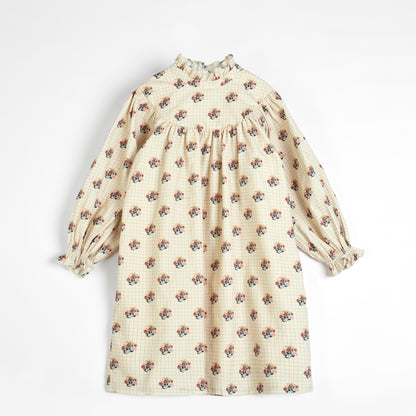 Cera Una Volta Cream Check and Flower Print Kaya Dress