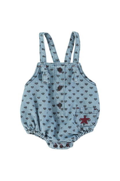 Piupiuchick Baby Romper | Washed Blue Denim W/ Black Hearts