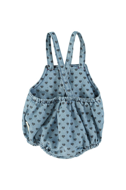 Piupiuchick Baby Romper | Washed Blue Denim W/ Black Hearts