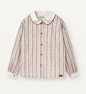 Popelin Burgundy Flower Print Shirt With Baby Collar and Puffed Sleeves