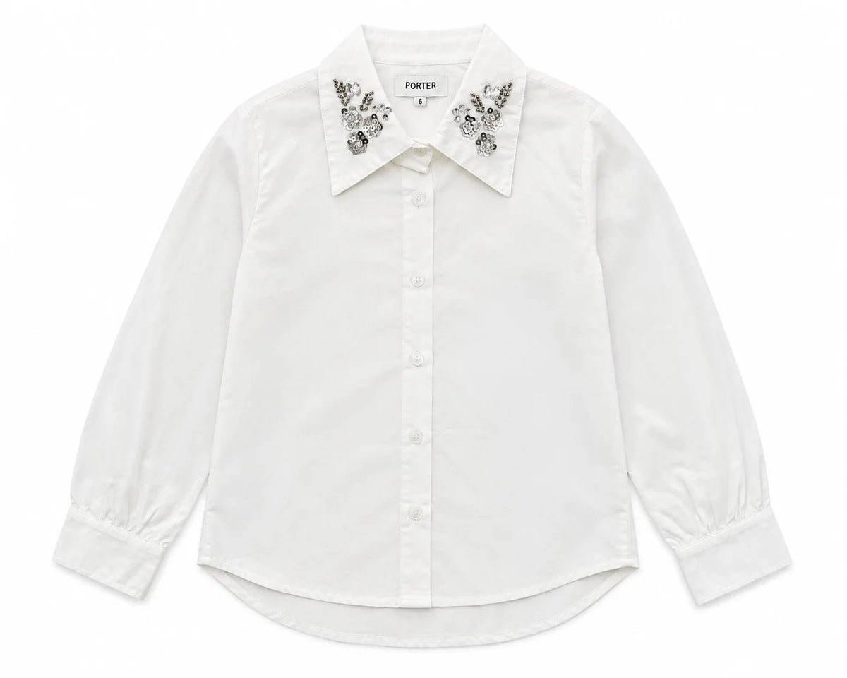 Porter White Button Down Sequin Collar Design Top