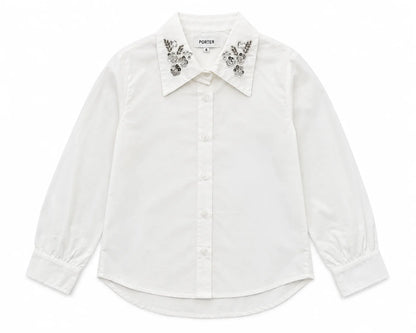 Porter White Button Down Sequin Collar Design Top