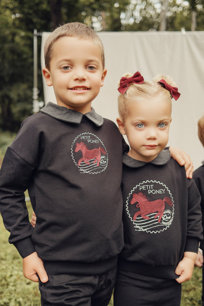 Duet Boys Black/Pink Horse Front Emblem Sweatshirt Set with Collar