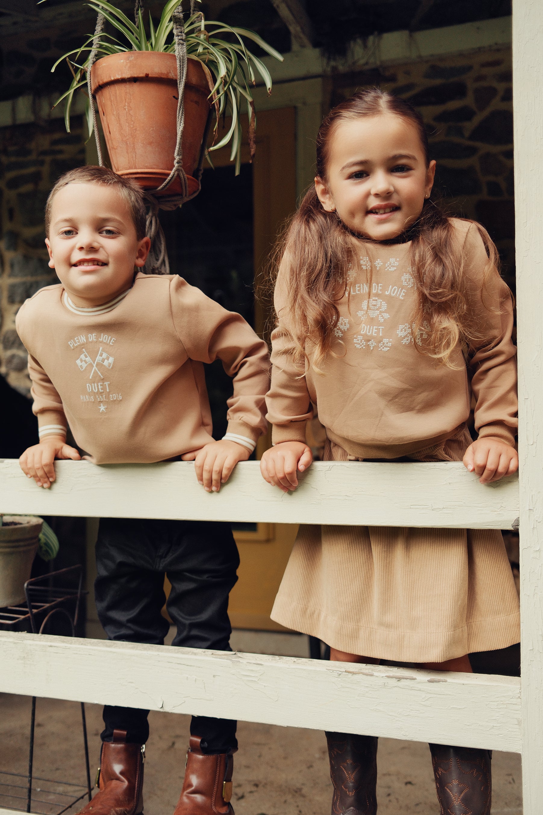 Duet Boys Cognac Front Emblem Sweatshirt with Tan &amp; White Stitching