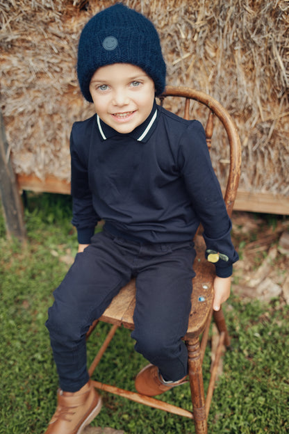 Boys Denim Cherry Collar Sweatshirt with Ribbed Stitching