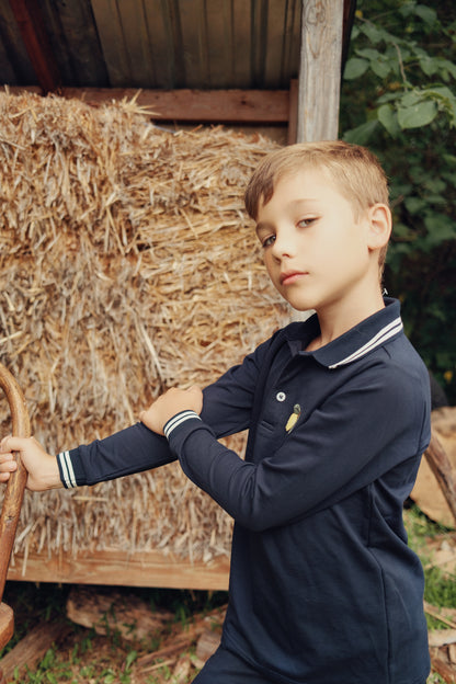 Duet Boys Denim Cherry Collared Polo with Navy/White Ribbed Stitching