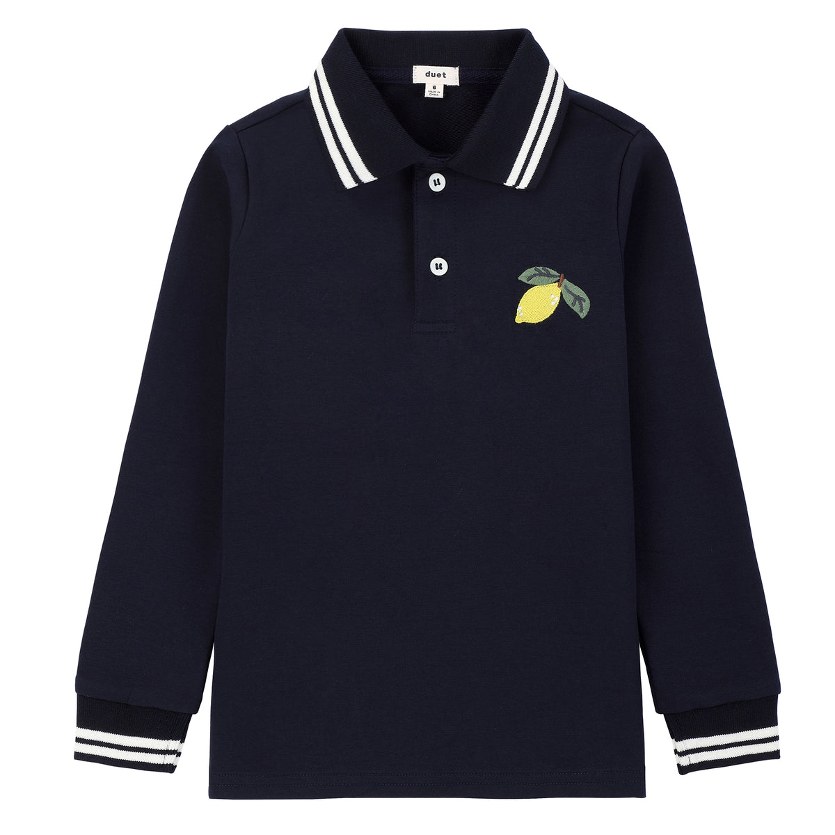 Duet Boys Denim Cherry Collared Polo with Navy/White Ribbed Stitching