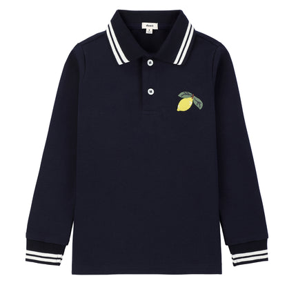 Duet Boys Denim Cherry Collared Polo with Navy/White Ribbed Stitching