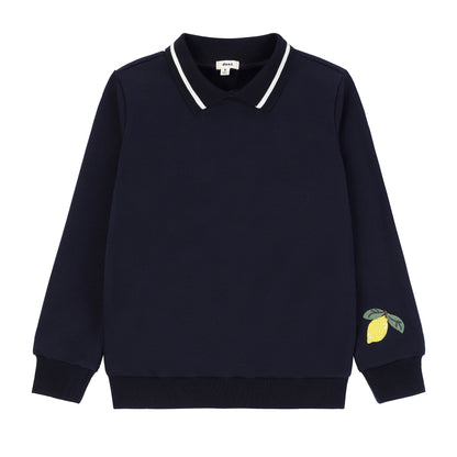 Boys Denim Cherry Collar Sweatshirt with Ribbed Stitching