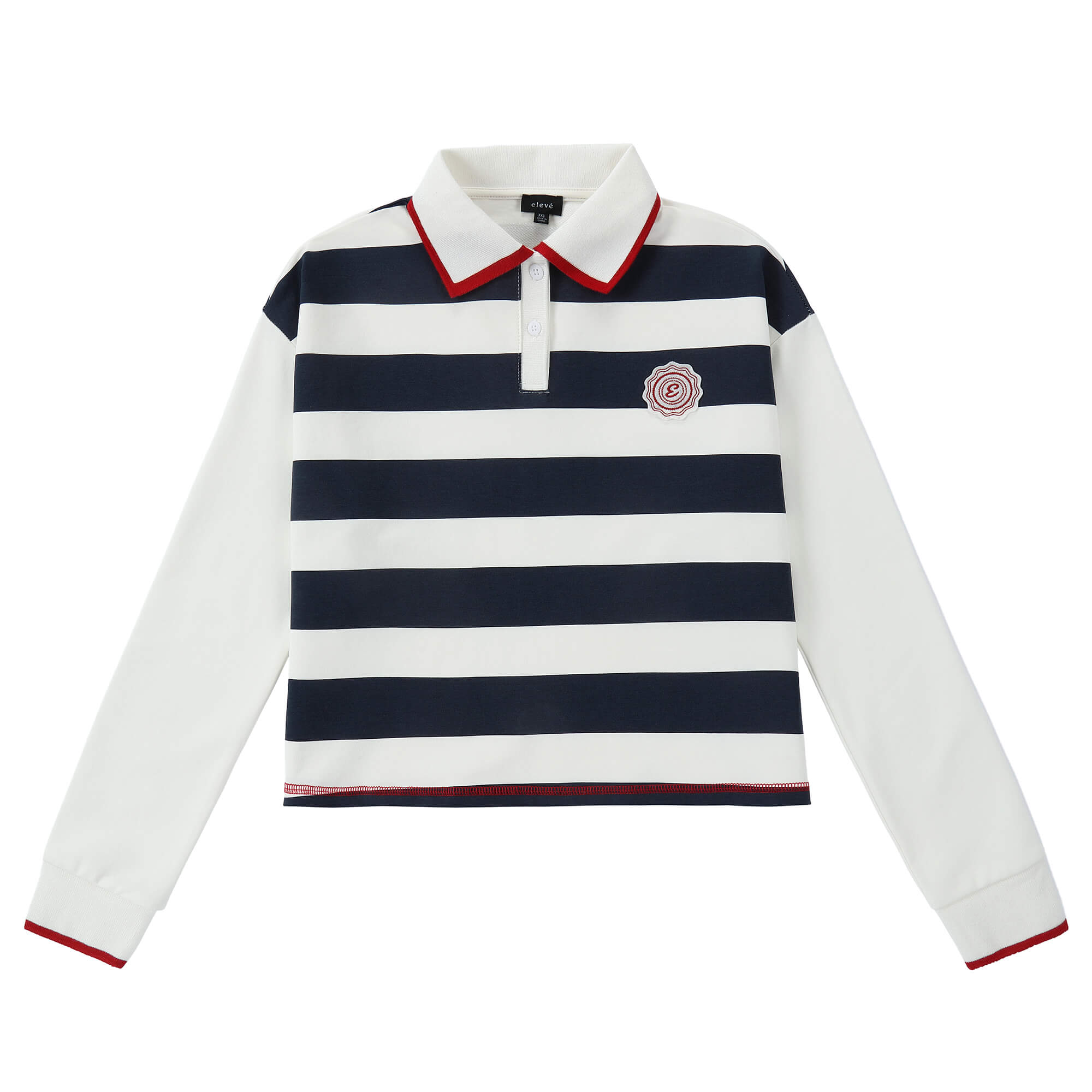 Eleve Navy Stripe Cropped Polo with Cherry Trim