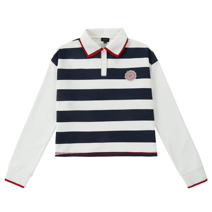 Eleve Navy Stripe Cropped Polo with Cherry Trim