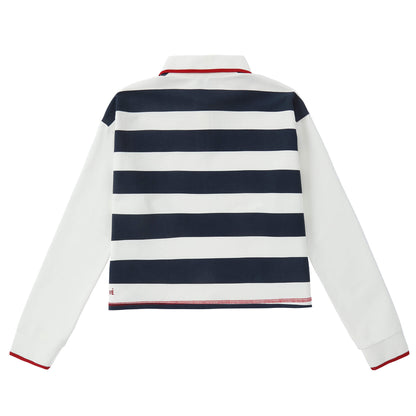 Eleve Navy Stripe Cropped Polo with Cherry Trim