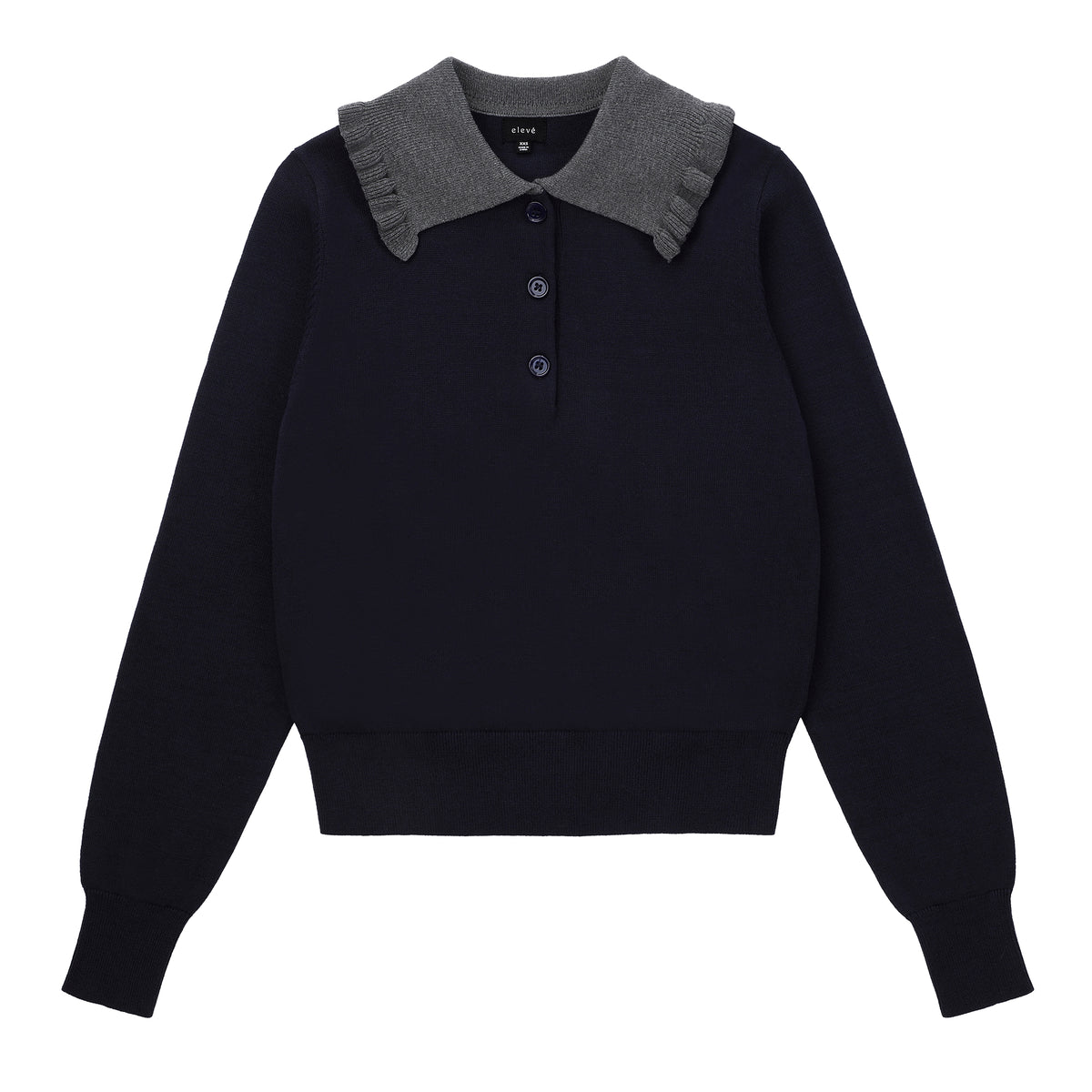 Eleve Teens Navy Button Knit Sweater with Ruffle Collar