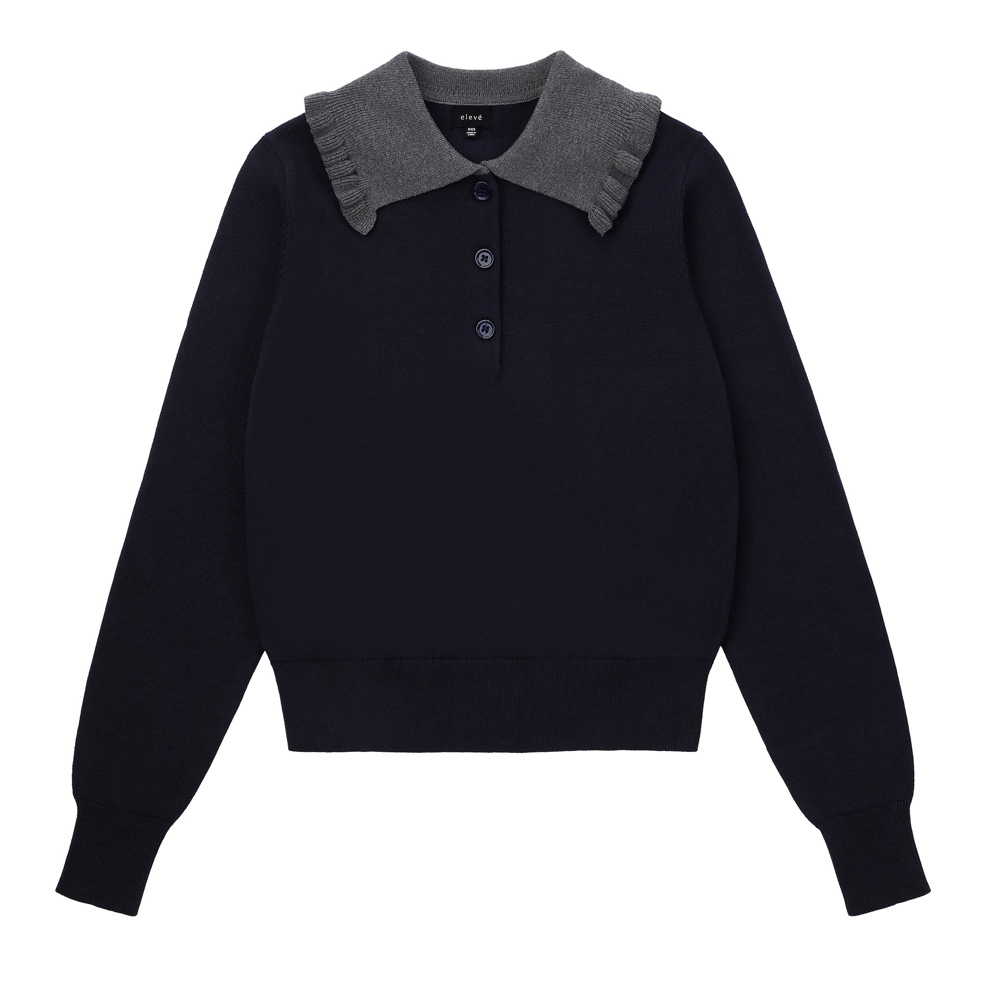Eleve Teens Navy Button Knit Sweater with Ruffle Collar