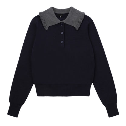 Eleve Teens Navy Button Knit Sweater with Ruffle Collar