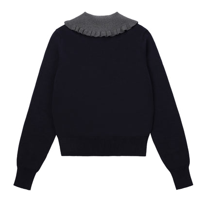 Eleve Teens Navy Button Knit Sweater with Ruffle Collar