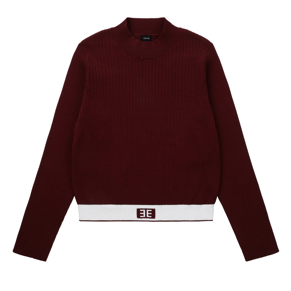Eleve Teens Burgundy Ribbed Knit Sweater with Emblem Waist