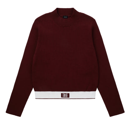 Eleve Teens Burgundy Ribbed Knit Sweater with Emblem Waist