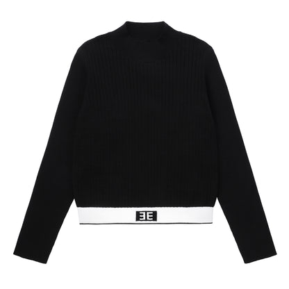 Eleve Teens Black White Stripe Knit Sweater with Emblem Waist