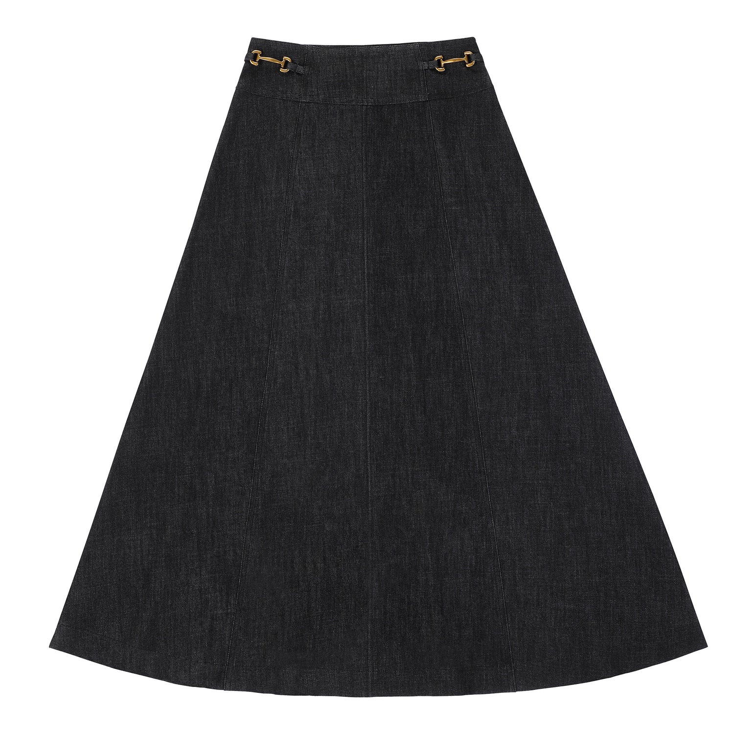 Eleve Teens Black Denim Drop Waisted Maxi Skirt with Gold Buckles
